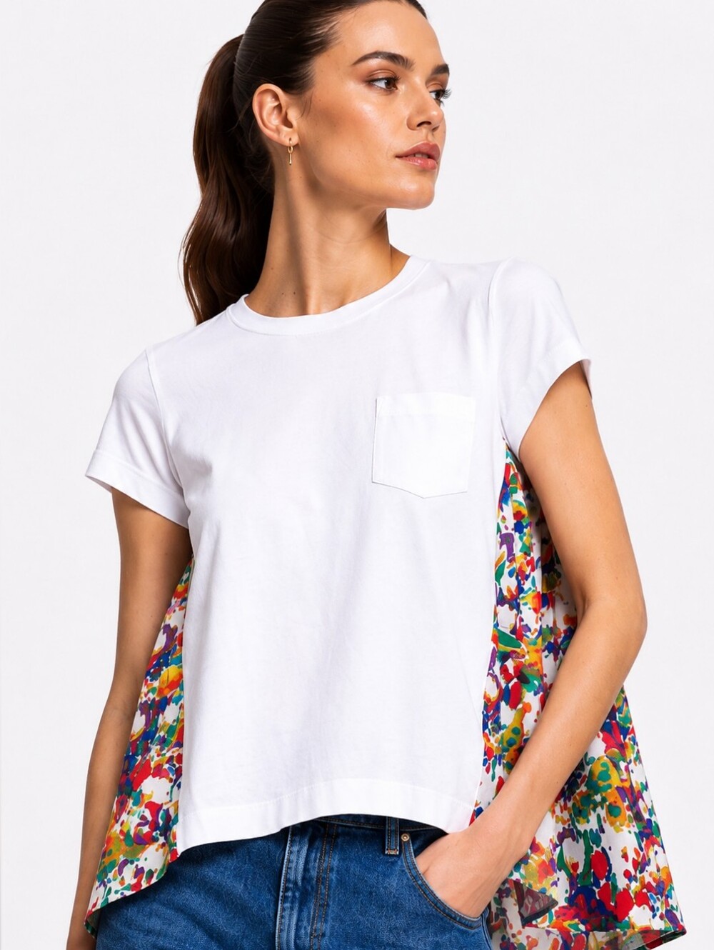 Sacai Floral Print Pleated Back Top White NWT Size 2 JP US 4 Retail $480